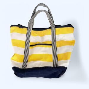 Lands’ End yellow and white striped thick canvas tote bag with navy blue trim